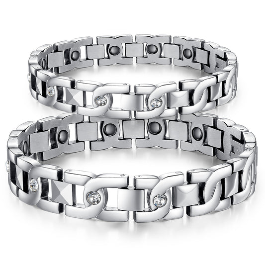 Pulsera de Pareja en Acero Titanio con Cristales Brillantes