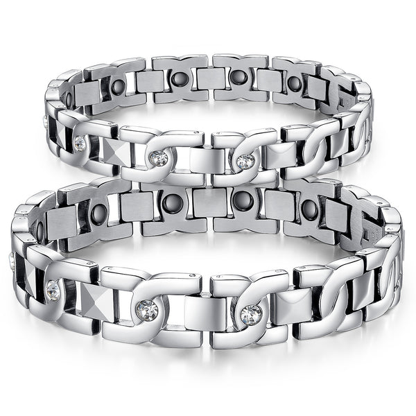 Pulsera de Pareja en Acero Titanio con Cristales Brillantes