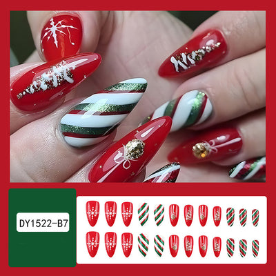 Set de 24 Uñas Postizas Navideñas con Diseños de Sombreros, Rayas y Copos de Nieve - Image 11