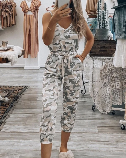 Jumpsuit Estampado con Escote en V y Cintura Ajustable