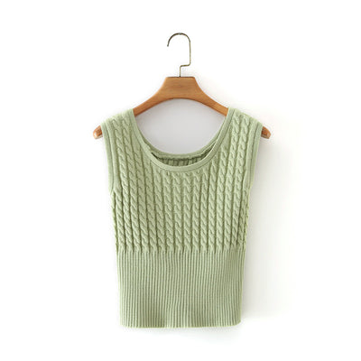 Chaleco Tejido Retro Cuello Redondo Cintura Anudada sin Mangas - Image 10