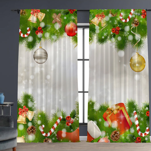 Pair of Christmas curtains with a 3D digital print of a snowy winter window scene, frosted trees, and snowflakes. - Image 20