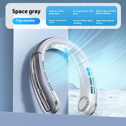 Ocean blue portable neck fan with digital display, showing 100 fan speed, designed for outdoor sports and personal cooling. - Image 8
