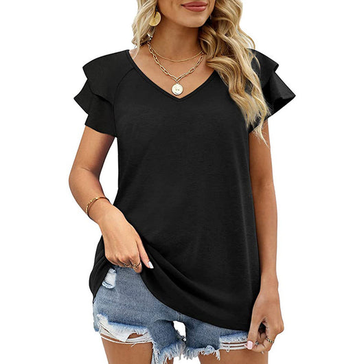 Blusa Cuello V Doble Capa Hoja de Loto Manga Corta para Dama - Image 21