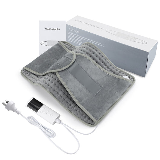 Gray quilted waist heating belt with an adjustable strap, wired remote control, and power plug, shown with its box. - Image 6