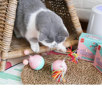 Pink and mint green pig-shaped tumbler pet toy with a colorful yarn tassel and spring, shown with its box. - Image 12