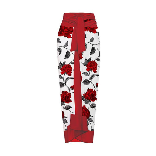 White one-piece swimsuit with red rose print and matching sarong skirt with red tie waist. - Image 12