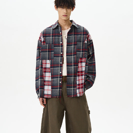 Camisa Cuadriculada Patchwork Vintage Manga Larga Unisex - Image 10