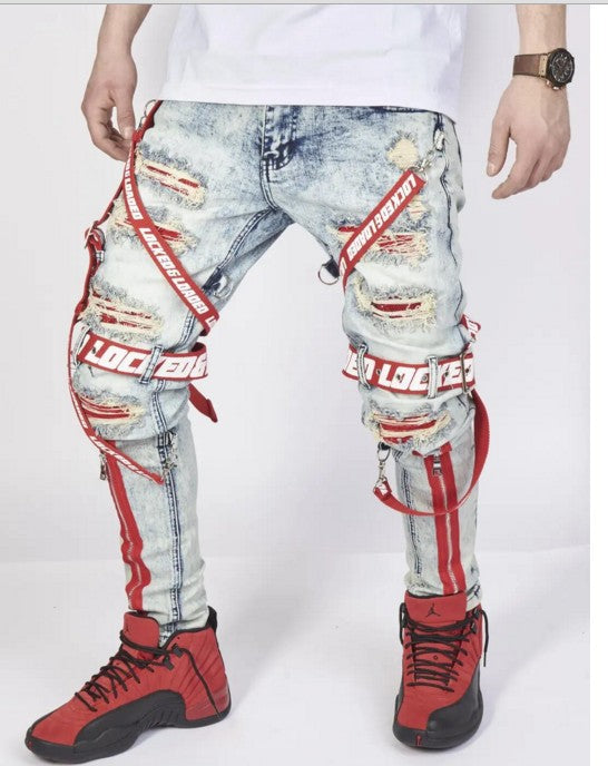 Jeans Slim Fit Rojos con Detalles Rasgados y Cierre en Tobillos para Hombre
