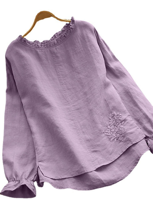Blusa Suelta de Algodón y Lino con Cuello Bordado de Flor de Loto Japonesa - Image 4