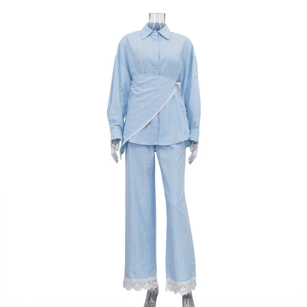 Conjunto de 3 Piezas: Camisa Casual a Rayas con Solapa y Pantalón Ancho - Image 6