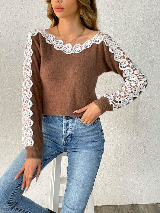 Suéter Elegante para Mujer con Paneles de Encaje y Hombros Descubiertos - Image 9