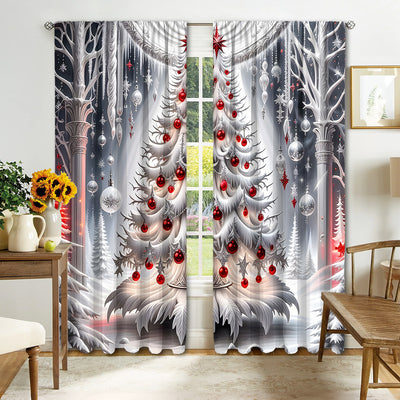 Digital printed Christmas curtains with a festive garland design, red ornaments, bows, and berries, on a white background. - Image 19