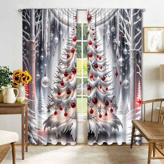 Digital printed Christmas curtains with a festive garland design, red ornaments, bows, and berries, on a white background. - Image 19