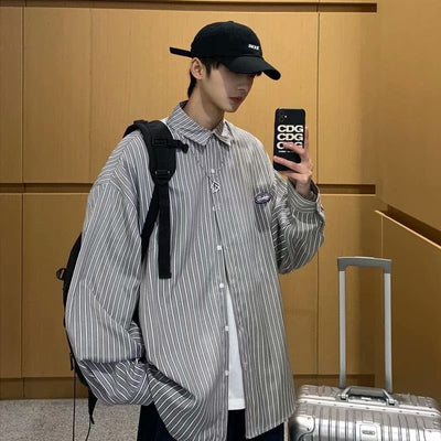 Camisa de Manga Larga Estilo Hong Kong a Rayas Casual Suelta Juvenil - Image 13