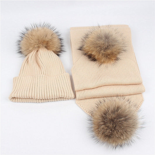 Red knitted hat and scarf set with fluffy brown and black fur pom-poms, ideal for warm winter wear. - Image 7