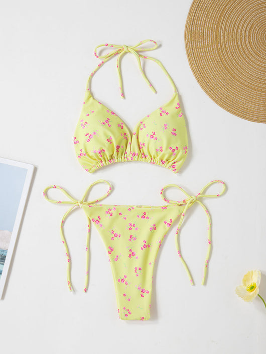Red solid color two-piece bikini swimsuit with a halter tie-top and adjustable tie-side thong bottom. - Image 15