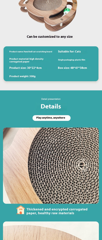 Multi-level cat scratcher with a round corrugated cardboard surface, a wooden track with a green ball, and a pink feather wand with a bell. - Image 10