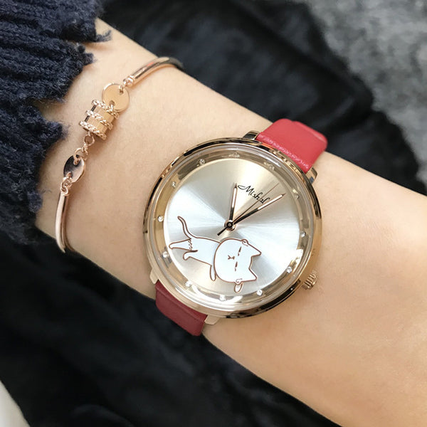 Reloj Cinturón Piel con Gato Movible - Diseño Creativo para Mujer
