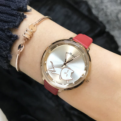 Reloj Cinturón Piel con Gato Movible - Diseño Creativo para Mujer