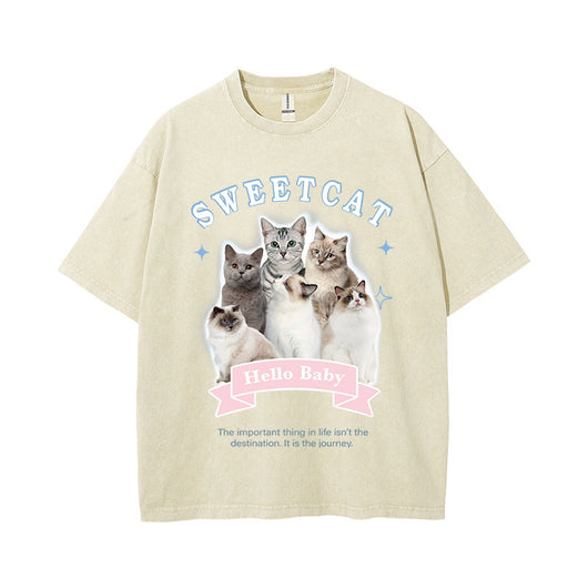 Camiseta Estampado Gatito Efecto Desgastado Manga Corta para Hombre - Image 14