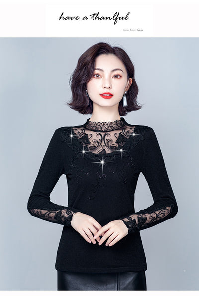 Blusa Cuello Alto con Encaje y Strass - Ajuste Slim para Otoño e Invierno - Image 14