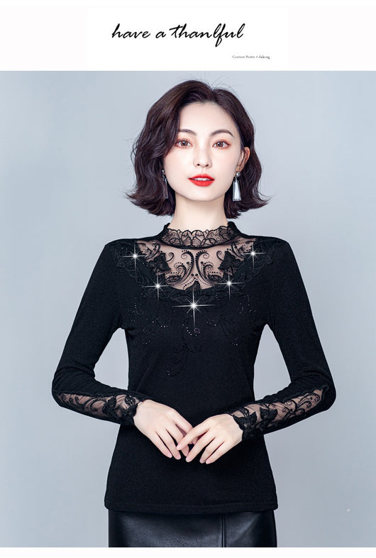 Blusa Cuello Alto con Encaje y Strass - Ajuste Slim para Otoño e Invierno - Image 14