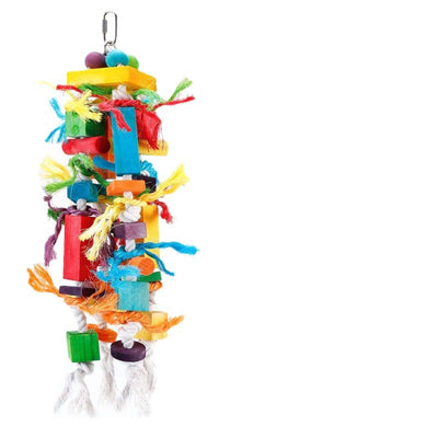 Colorful wooden and rope nibbling toy for parrots, featuring blocks, beads, and knotted ropes, next to a macaw. - Image 5