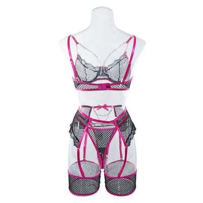 Neon yellow and orange lace lingerie set with chain details, including a bra, garter belt, thong, and armbands. - Image 17