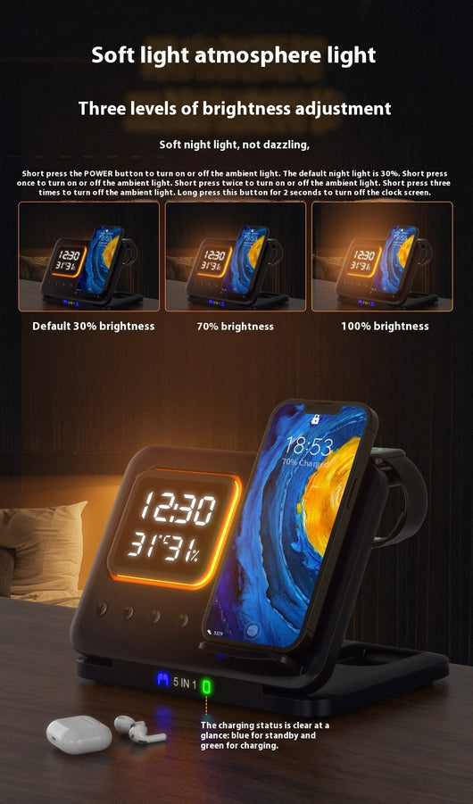 Estación de Carga Inalámbrica 15W 5 en 1 con Reloj Despertador LED Digital - Image 24
