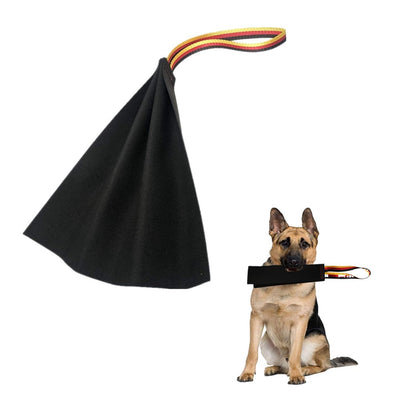 German Shepherd holding a black leather dog bite rag with a red, yellow, and black striped handle. - Image 3