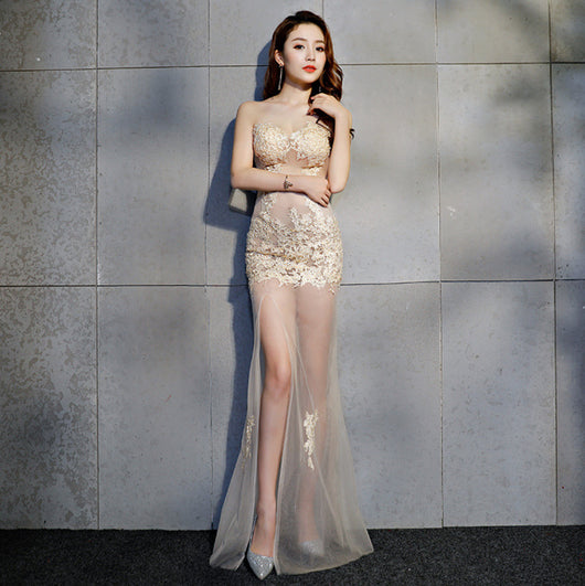 Vestido Largo de Noche con Escote Tubo y Abertura Lateral - Image 5