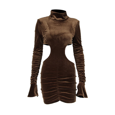 Vestido Elegante Cuello Alto con Bolsillo en Cadera y Falda Terciopelo - Image 10