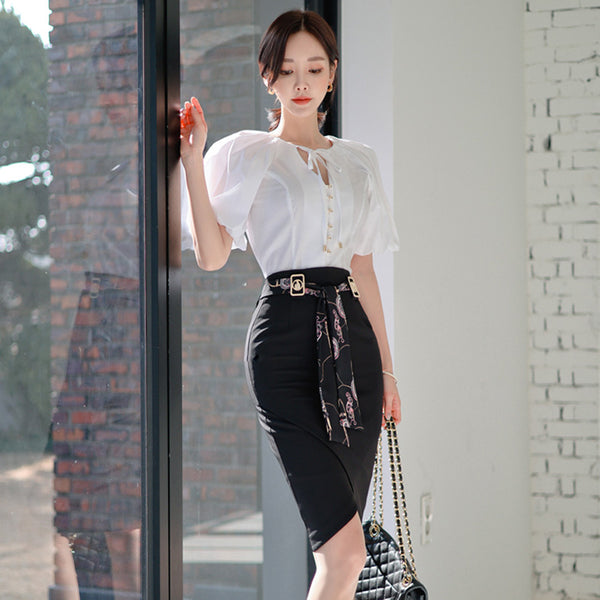 Conjunto Elegante Blusa Manga Abullonada y Falda Cintura Alta con Cordones