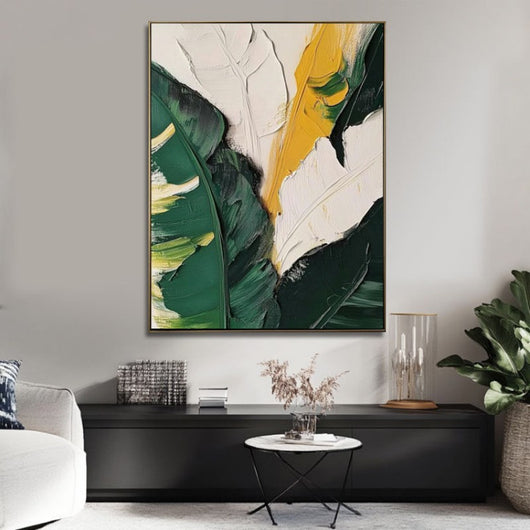 Cuadro Óleo Pintado a Mano con Hojas de Plátano y Plantas Verdes para Decoración del Hogar - Image 8