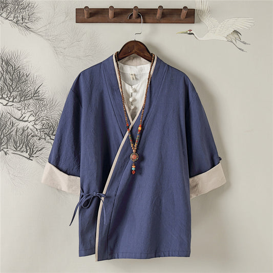 Camisa Retro Estilo Chino de Lino para Hombre con Manga Corta