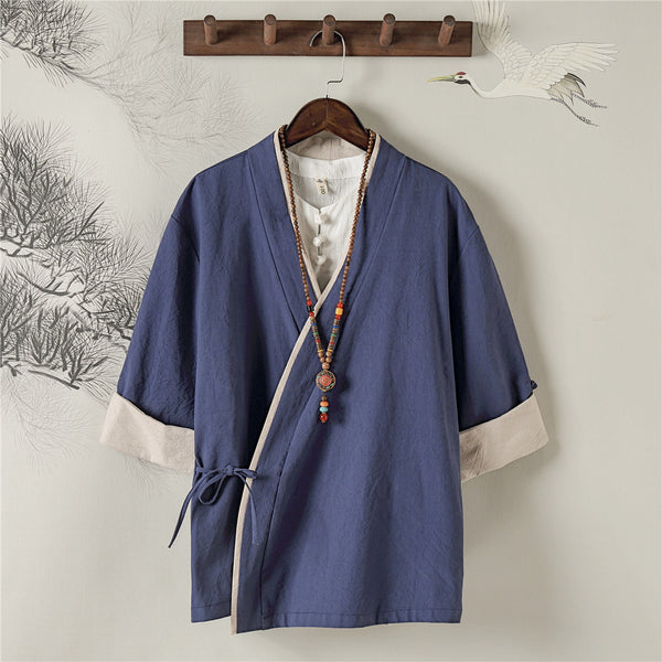Camisa Retro Estilo Chino de Lino para Hombre con Manga Corta