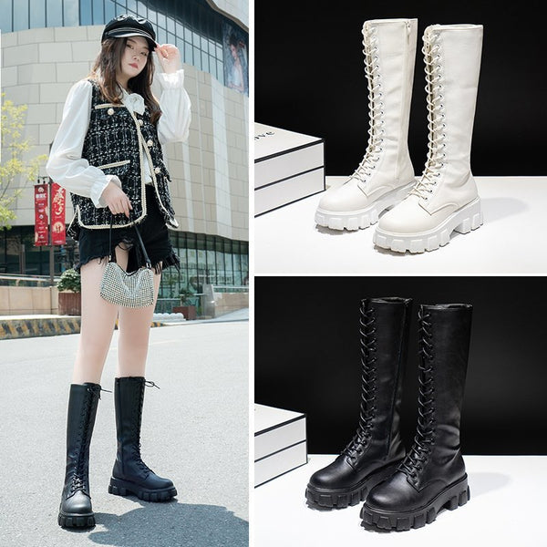 Botas Knight de Cordones Negras para Mujer - Estilo Británico Clásico