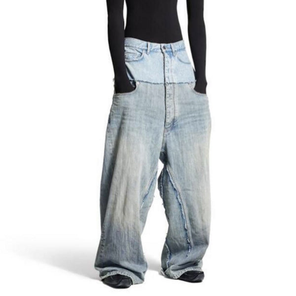 Pantalones Vaqueros Unisex Patchwork Doble Cintura con Detalles Desgarrados