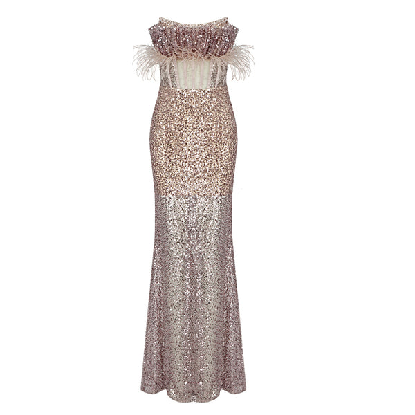 Vestido Strapless con Lentejuelas, Plumas y Detalles Calados - Image 5