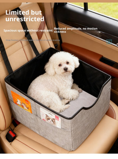 Beige pet car seat with a small white dog inside, secured to a car's passenger seat, designed for safe travel. - Image 16