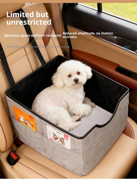 Beige pet car seat with a small white dog inside, secured to a car's passenger seat, designed for safe travel. - Image 16