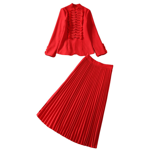 Traje Elegante con Falda Plisada y Saco de Cuello Mao con Botones Chinos - Image 2