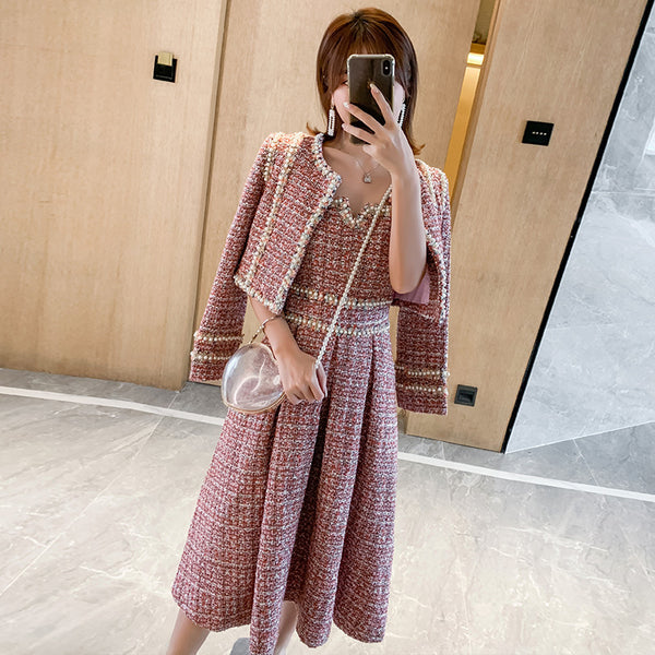 Traje de Vestir para Dama con Detalles de Seda y Tweed