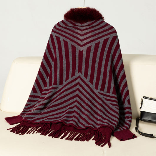 Poncho Tejido de Rayas Otoño Invierno con Flecos Elegante - Image 18