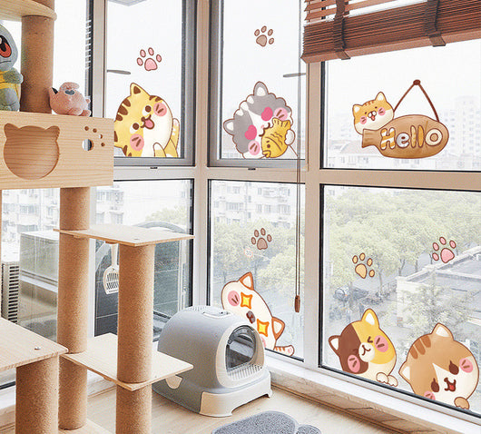 Cartoon cat wall sticker featuring multiple playful cats, one reaching for a fish, with "I LOVE FISH" text. - Image 12