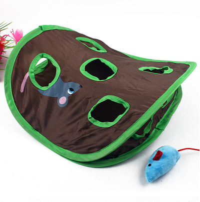 Brown and green cat interactive toy with nine mouse holes and a gray mouse graphic for hide and seek play. - Image 6