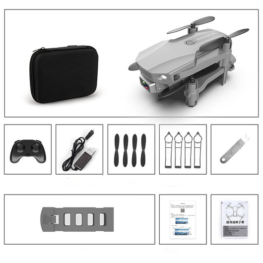 Gray folding drone with 4K camera, remote control, spare propellers, propeller guards, charging cable, and battery. - Image 16