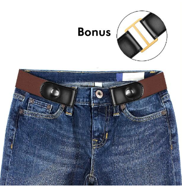 Black buckle-free elastic belt with snap closures worn on blue jeans, featuring a bonus gold-colored metal buckle. - Image 5