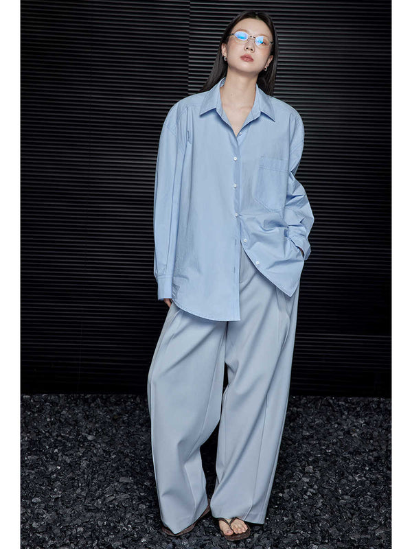 Blusa Minimalista Suelta Azul de Manga Larga para Mujer